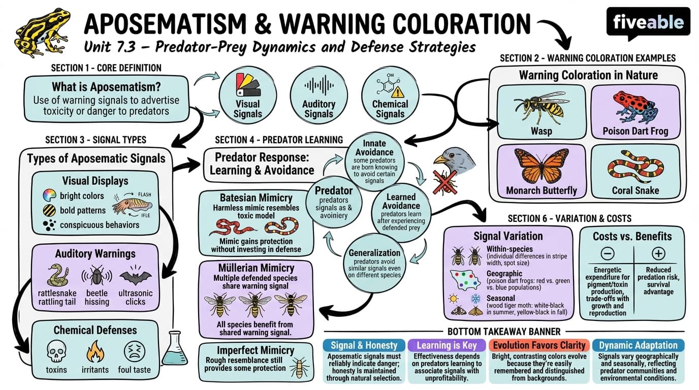 7.3 Aposematism and warning coloration - Animal Behavior - Unit 7 visual cheatsheet