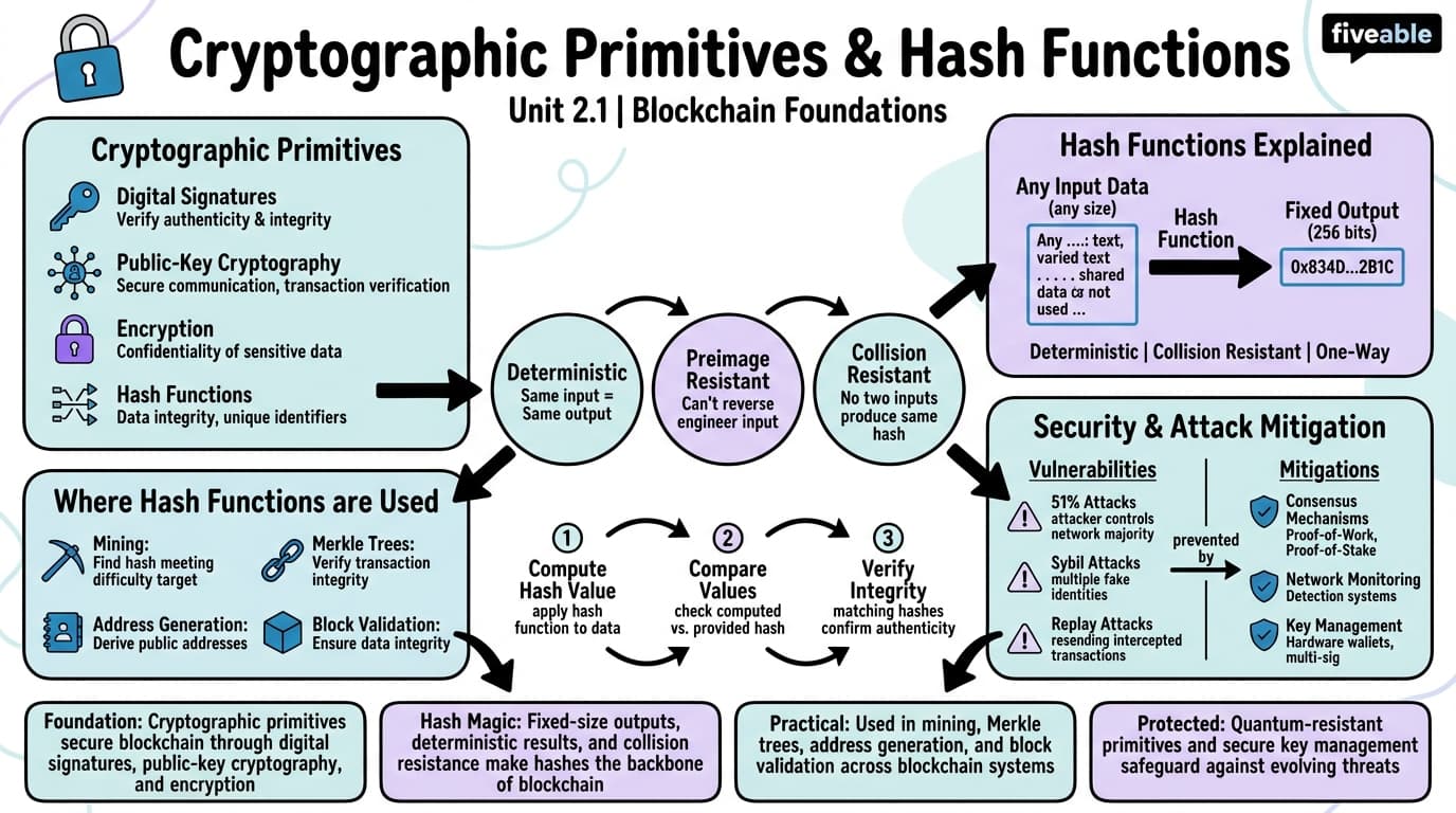2.1 Cryptographic primitives and hash functions - Blockchain Technology and Applications - Unit 2 visual cheatsheet