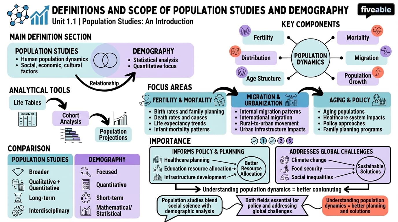 1.1 Definitions and scope of population studies and demography - Population and Society - Unit 1 visual cheatsheet