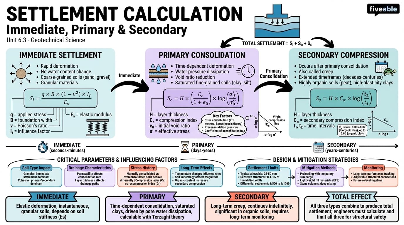 6.3 Calculation of settlement (immediate, primary, and secondary) - Intro to Geotechnical Science - Unit 6 visual cheatsheet