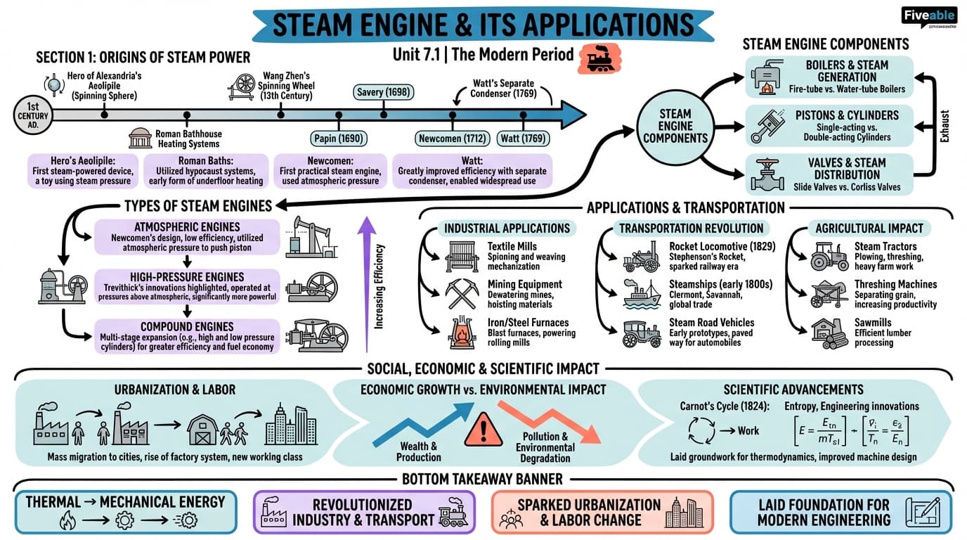 7.1 Steam engine and its applications - The Modern Period - Unit 7 visual cheatsheet