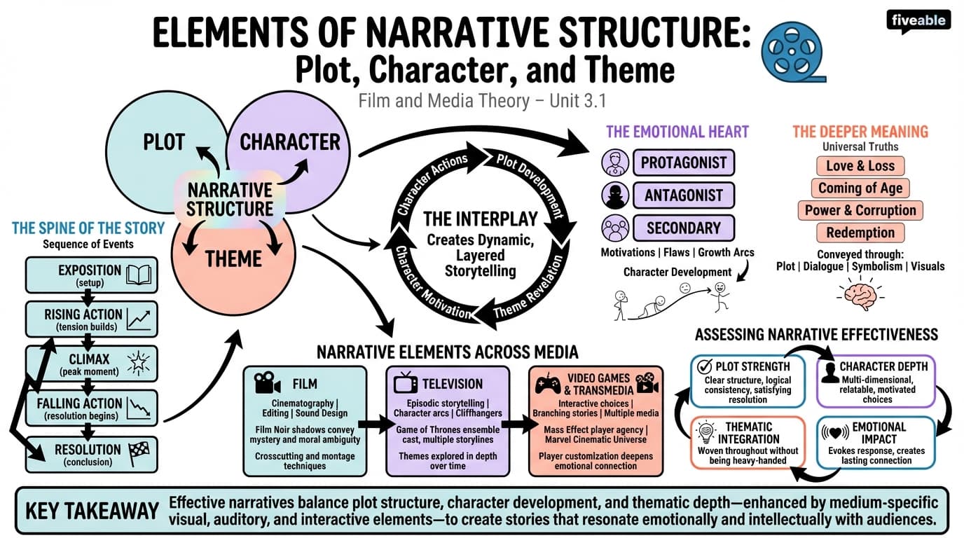 3.1 Elements of narrative structure: plot, character, and theme - Film and Media Theory - Unit 3 visual cheatsheet