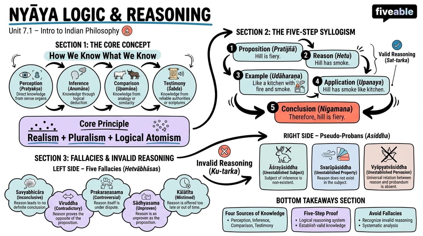 7.1 Foundations of Nyāya logic and reasoning - Intro to Indian Philosophy - Unit 7 visual cheatsheet
