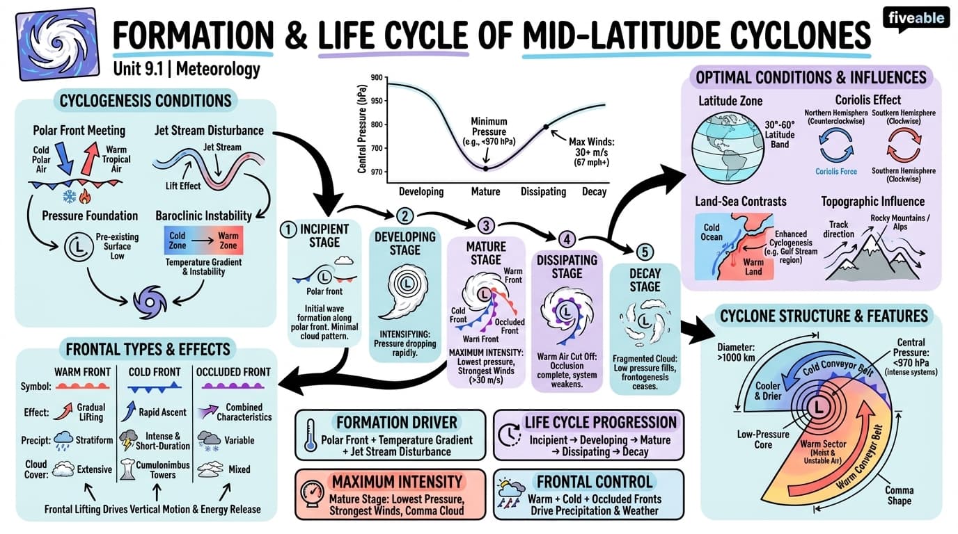 9.1 Formation and life cycle of mid-latitude cyclones - Meteorology - Unit 9 visual cheatsheet