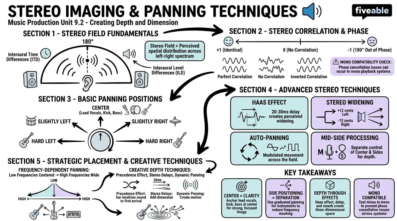 9.2 Stereo Imaging and Panning Techniques - Music Production and Recording - Unit 9 visual cheatsheet