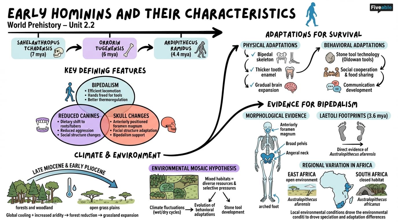 2.2 Early hominins and their characteristics - World Prehistory - Unit 2 visual cheatsheet