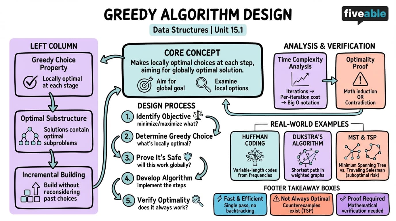 15.1 Greedy Algorithm Design - Data Structures - Unit 15 visual cheatsheet