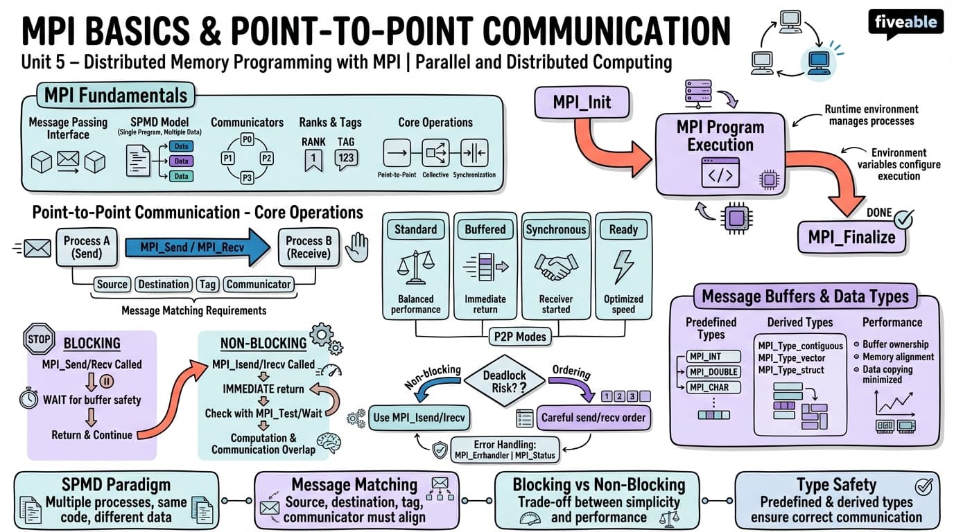 5.1 MPI Basics and Point-to-Point Communication - Parallel and Distributed Computing - Unit 5 visual cheatsheet