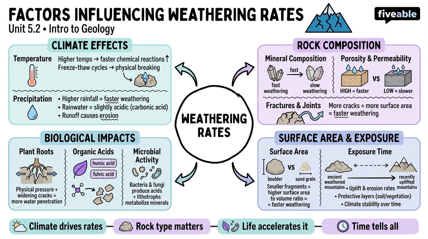 5.2 Factors influencing weathering rates - Intro to Geology - Unit 5 visual cheatsheet