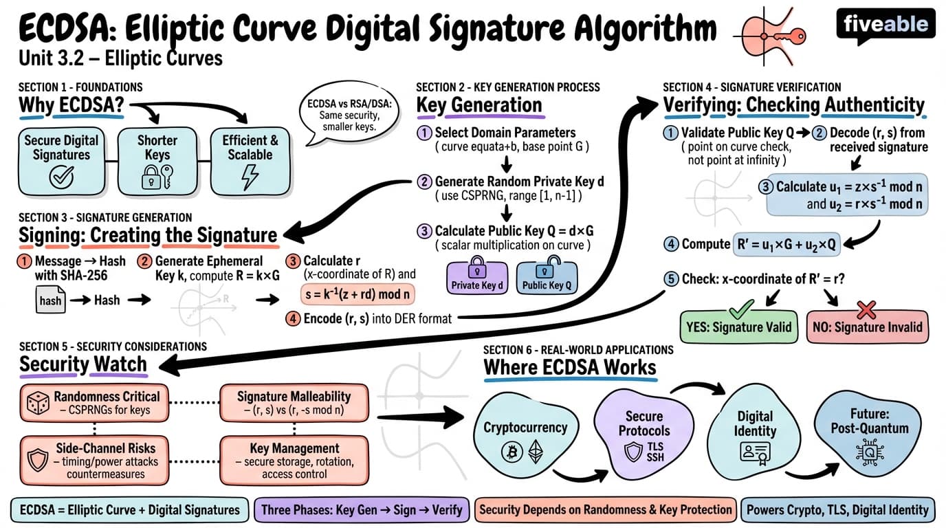 3.2 Elliptic curve digital signature algorithm (ECDSA) - Elliptic Curves - Unit 3 visual cheatsheet