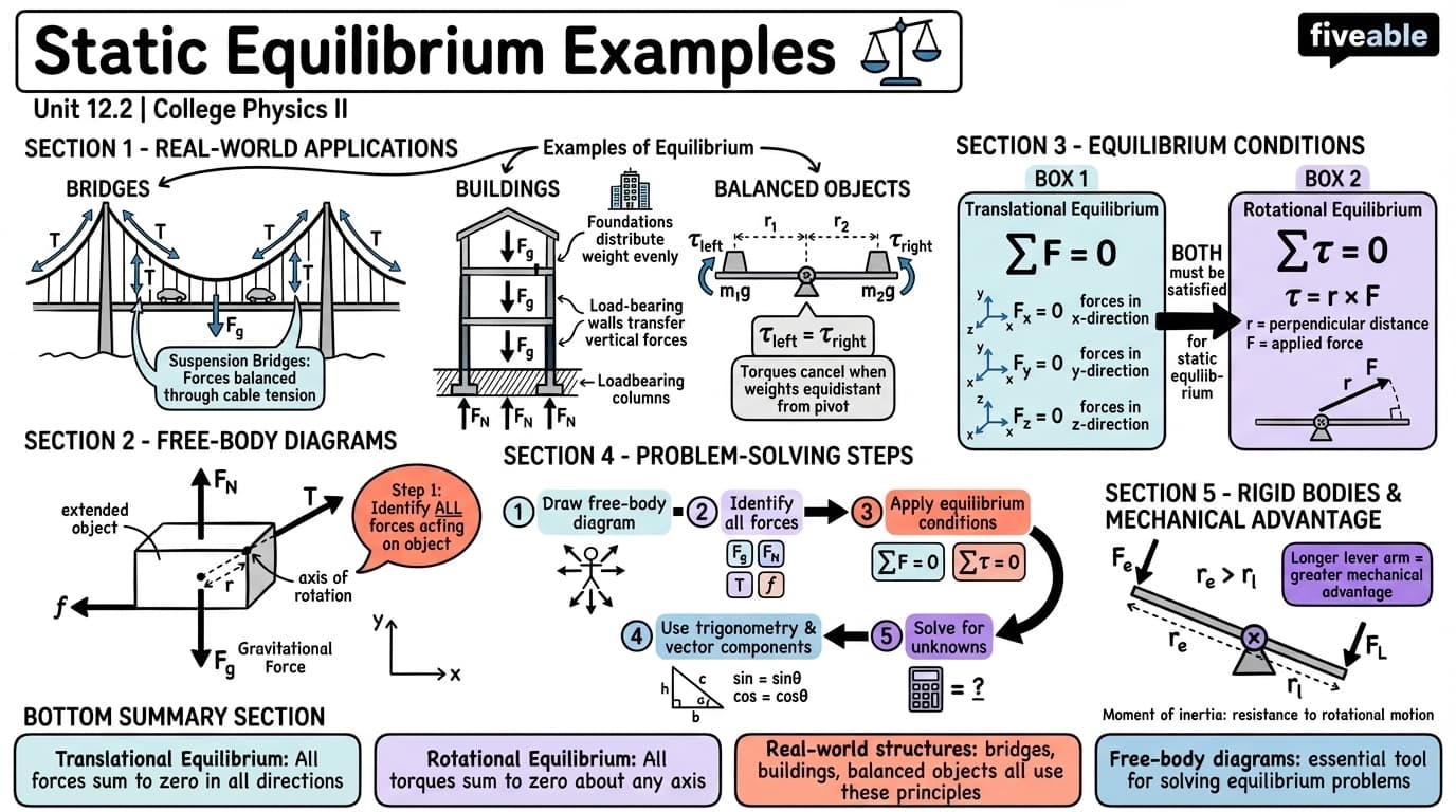 12.2 Examples of Static Equilibrium - College Physics II – Mechanics, Sound, Oscillations, and Waves - Unit 12 visual cheatsheet