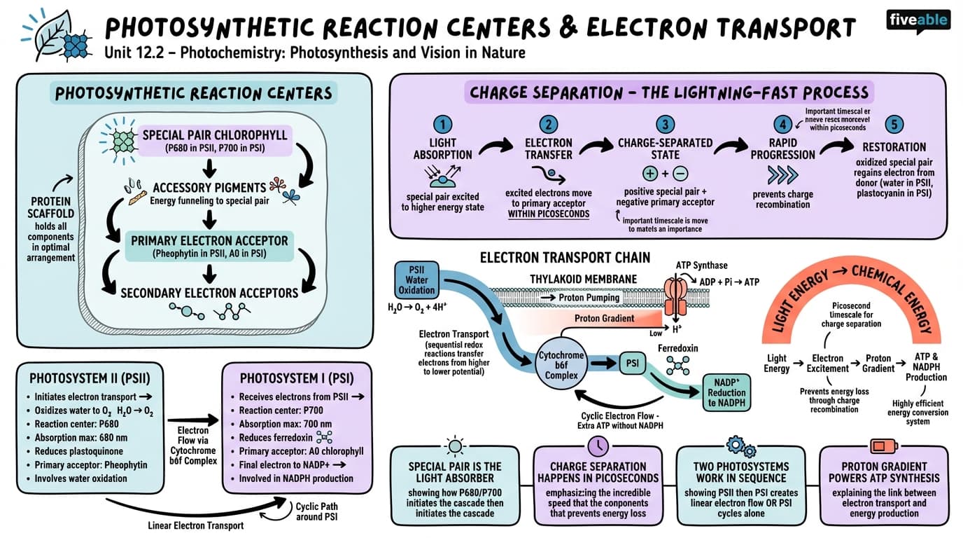12.2 Photosynthetic reaction centers and electron transport - Photochemistry - Unit 12 visual cheatsheet