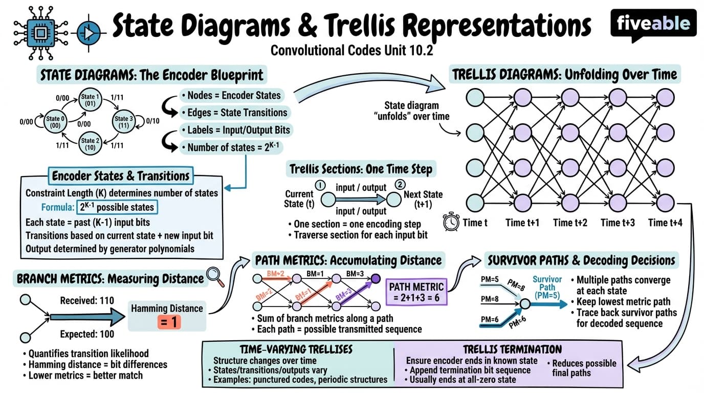 10.2 State Diagrams and Trellis Representations - Coding Theory - Unit 10 visual cheatsheet