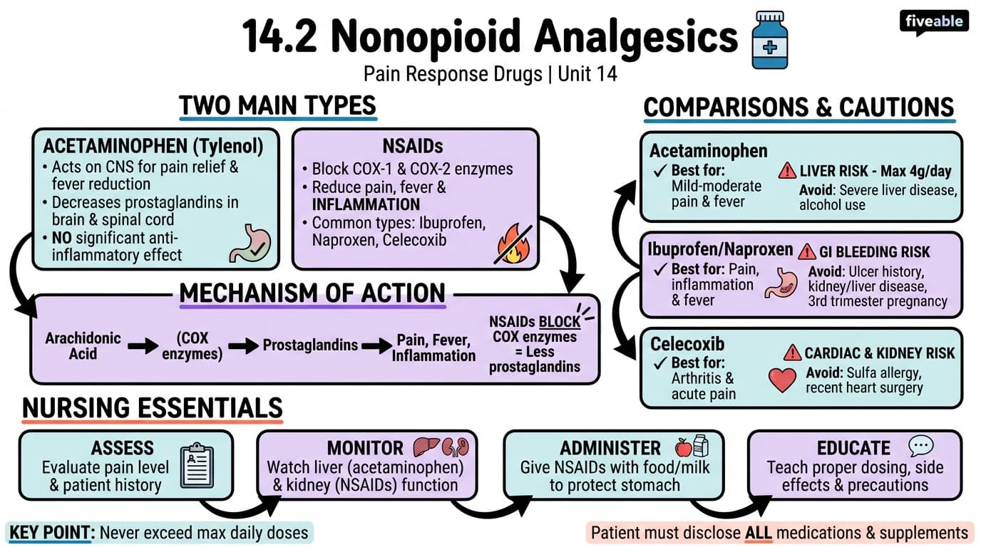 14.2 Nonopioid Analgesics - Pharmacology for Nurses - Unit 14 visual cheatsheet
