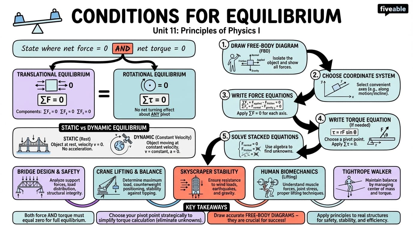 11.1 Conditions for Equilibrium - Principles of Physics I - Unit 11 visual cheatsheet