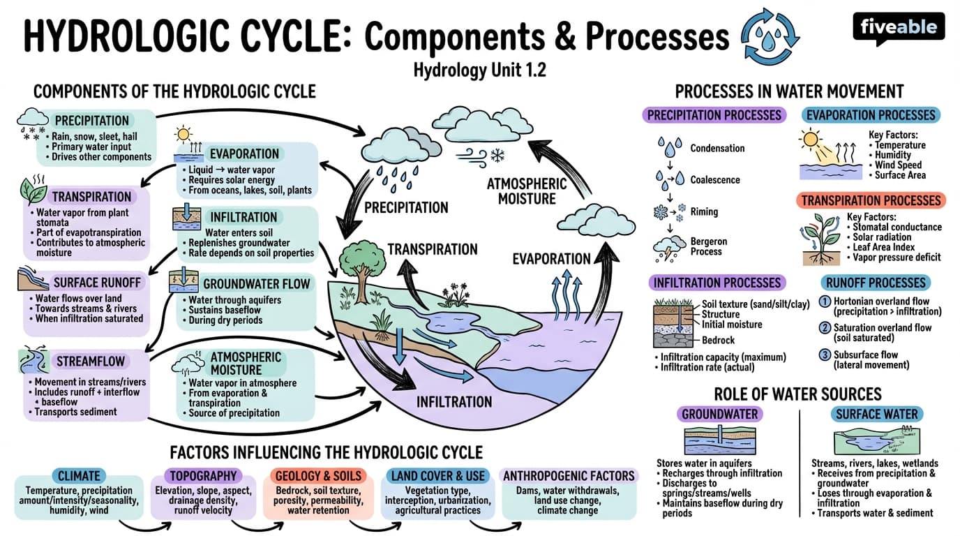 1.2 Components and processes of the hydrologic cycle - Hydrology - Unit 1 visual cheatsheet
