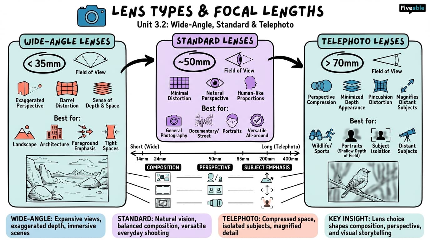 3.2 Wide-angle, standard, and telephoto lenses - Intro to Digital Photography - Unit 3 visual cheatsheet