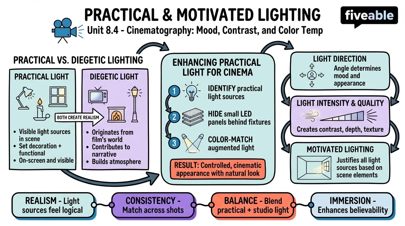 8.4 Practical and Motivated Lighting - Cinematography - Unit 8 visual cheatsheet
