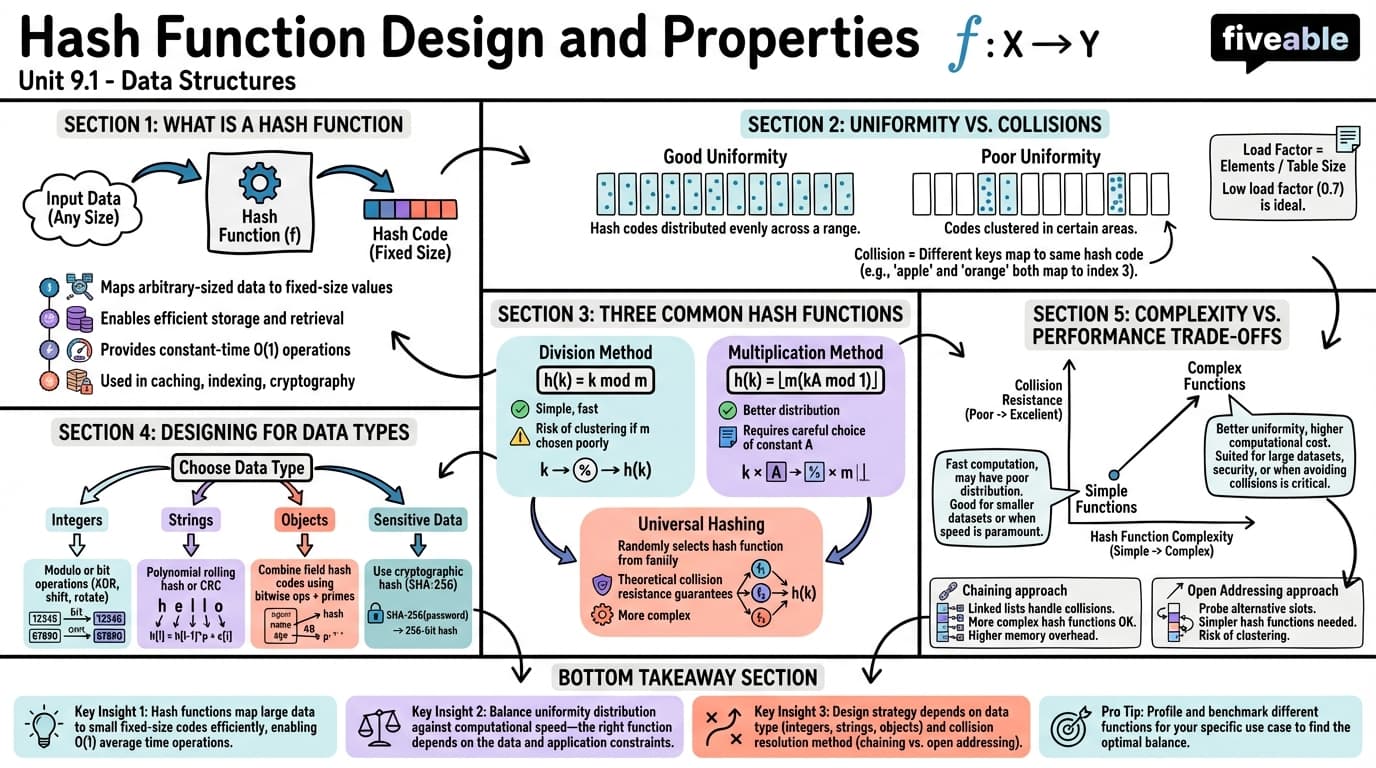 9.1 Hash Function Design and Properties - Data Structures - Unit 9 visual cheatsheet