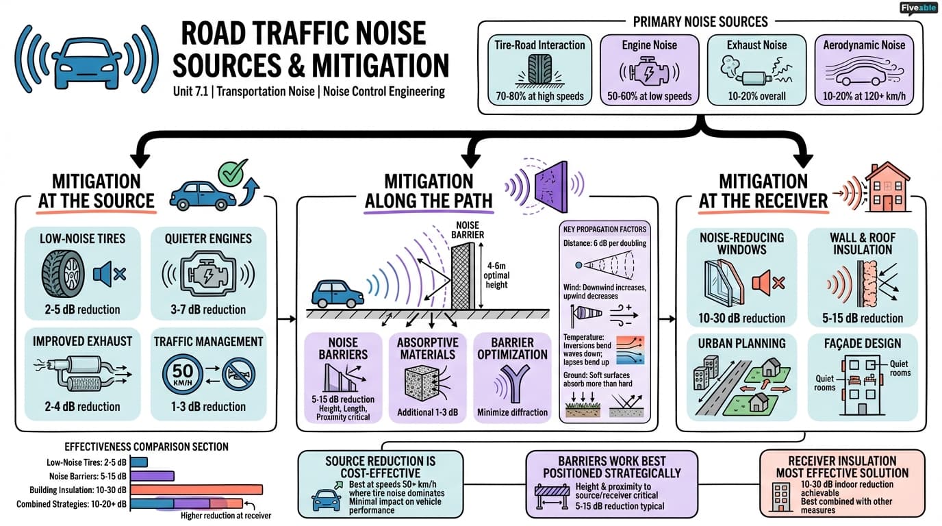 7.1 Road traffic noise sources and mitigation - Noise Control Engineering - Unit 7 visual cheatsheet