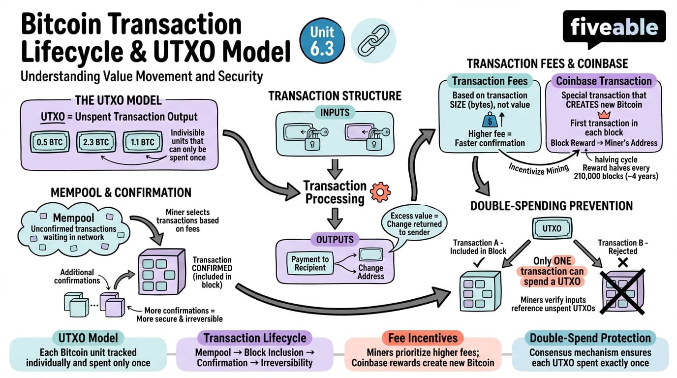 6.3 Bitcoin Transaction Lifecycle and UTXO Model - Blockchain and Cryptocurrency - Unit 6 visual cheatsheet