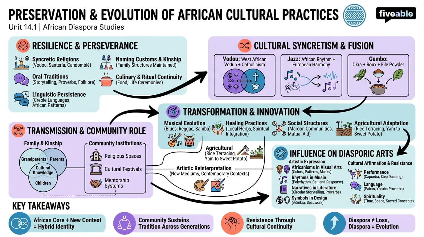 14.1 Preservation and Evolution of African Cultural Practices - African Diaspora Studies - Unit 14 visual cheatsheet