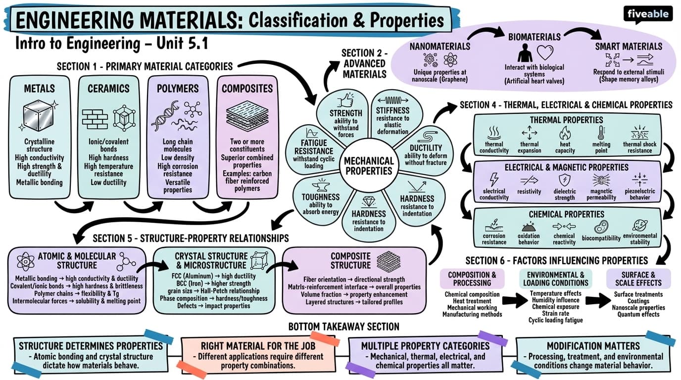 5.1 Classification and properties of engineering materials - Intro to Engineering - Unit 5 visual cheatsheet