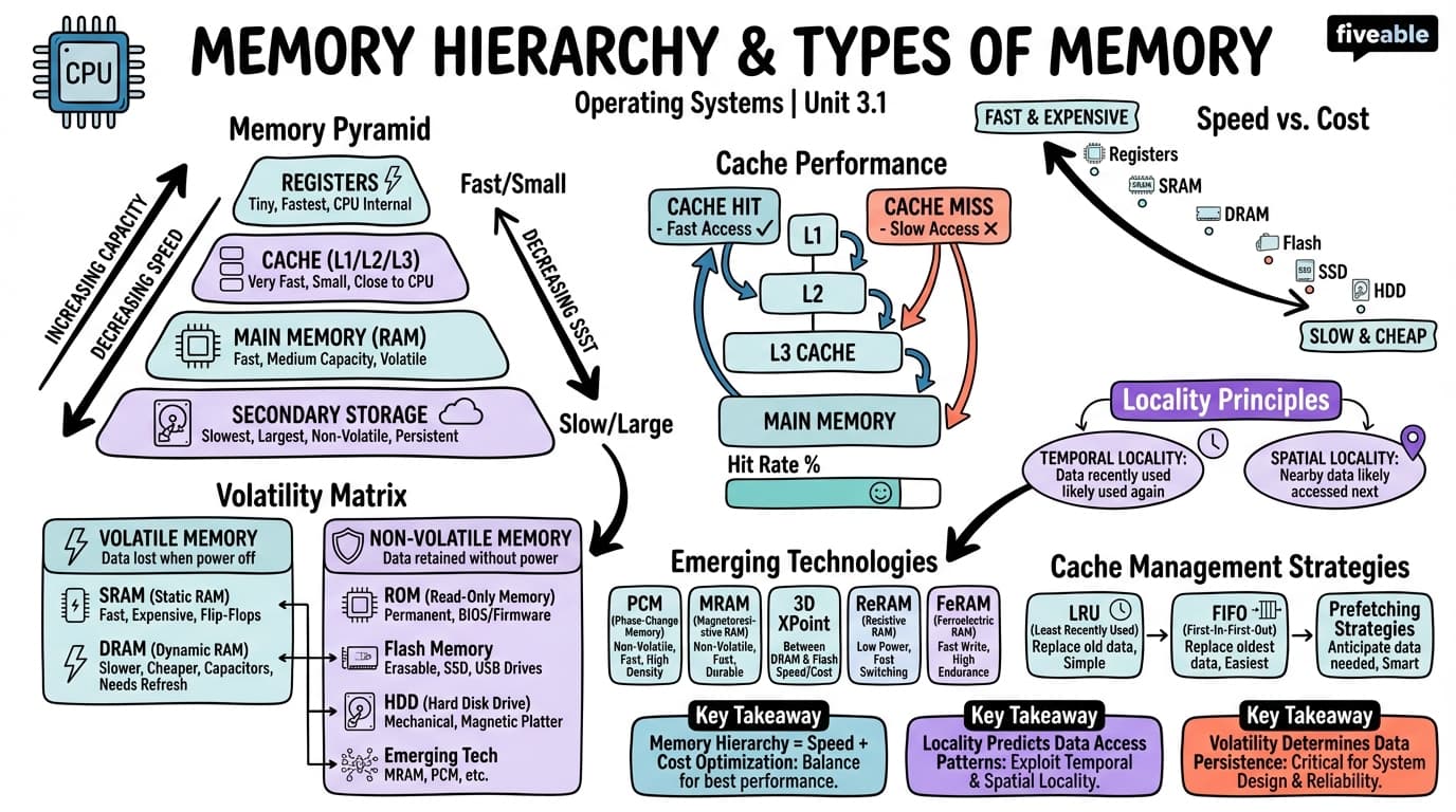 3.1 Memory hierarchy and types of memory - Operating Systems - Unit 3 visual cheatsheet