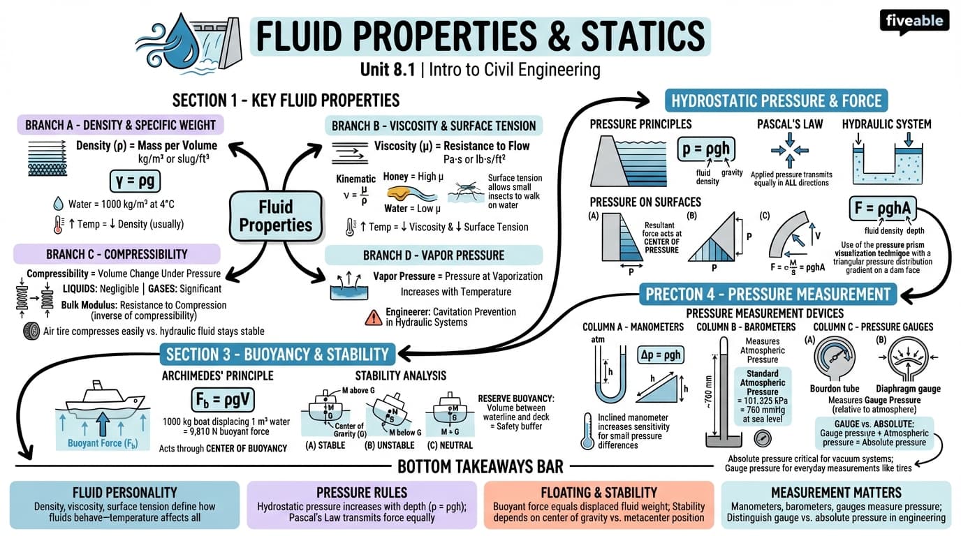 8.1 Fluid Properties and Statics - Intro to Civil Engineering - Unit 8 visual cheatsheet