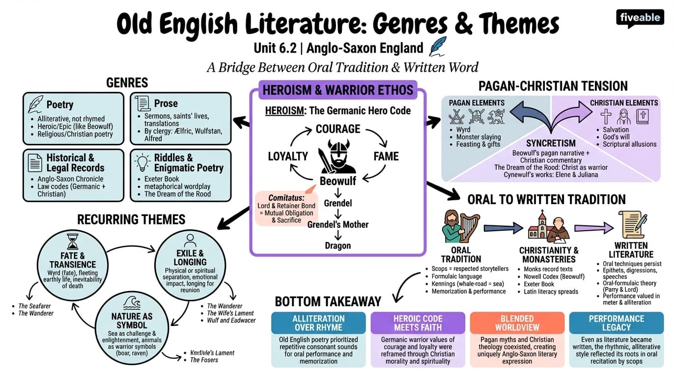 6.2 Major genres and themes in Old English literature - Anglo-Saxon England - Unit 6 visual cheatsheet