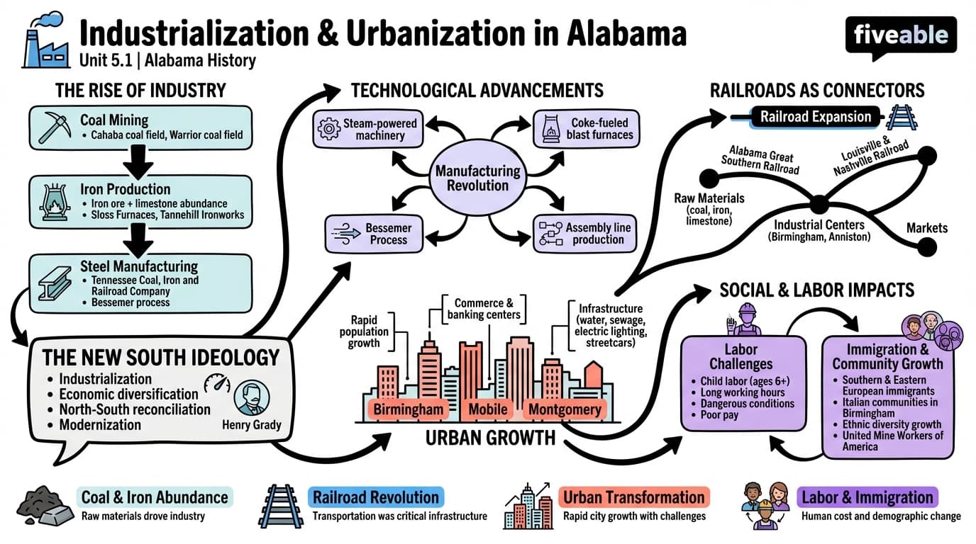 5.1 Industrialization and urbanization in Alabama - Alabama History - Unit 5 visual cheatsheet
