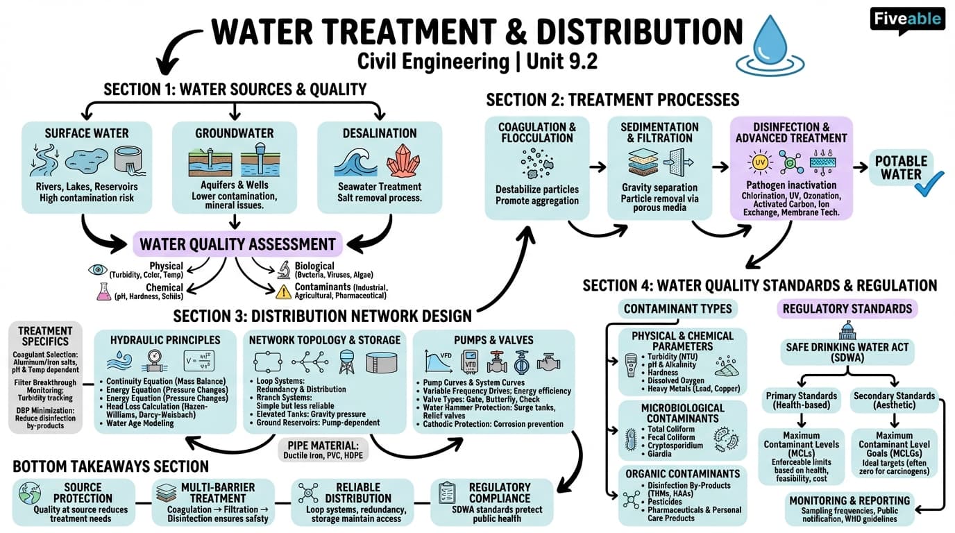 9.2 Water Treatment and Distribution - Intro to Civil Engineering - Unit 9 visual cheatsheet