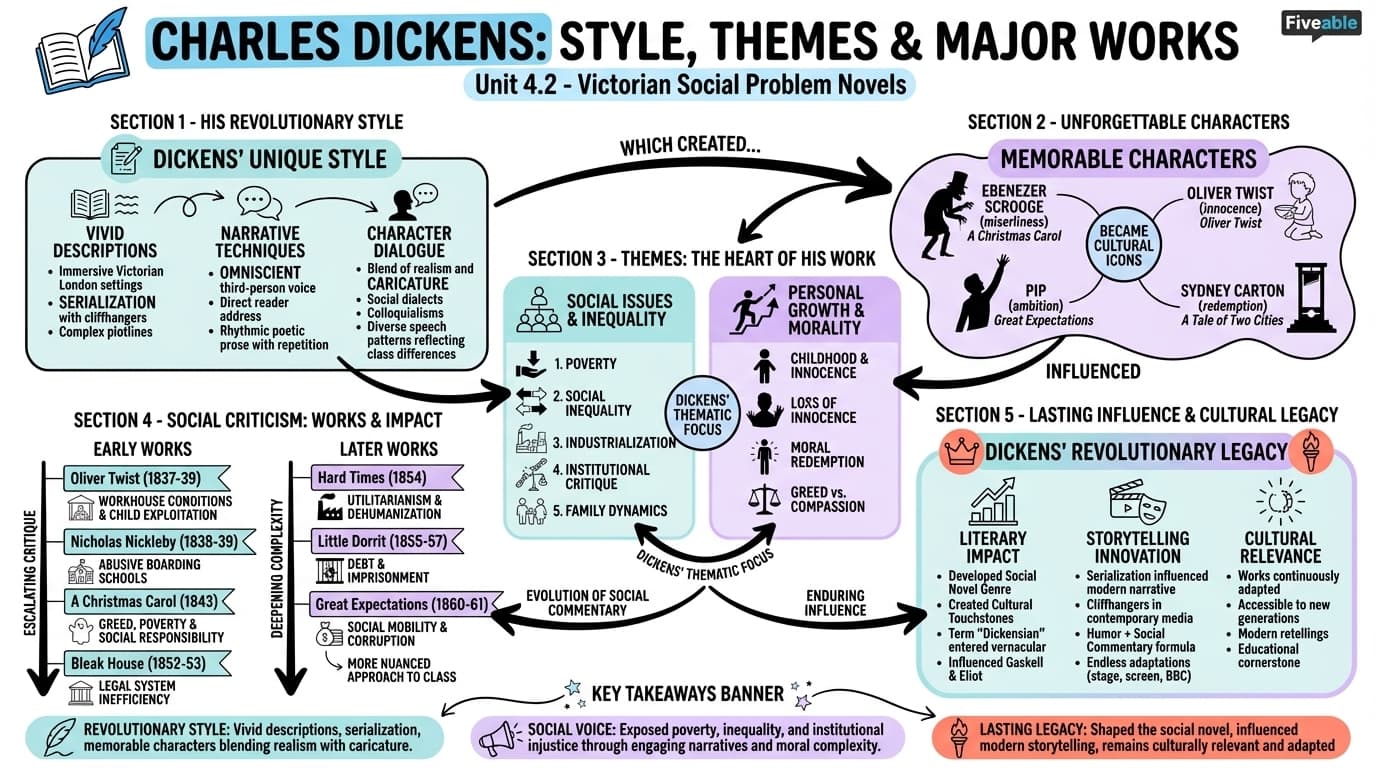 4.2 Charles Dickens: style, themes, and major works - English Novels - Unit 4 visual cheatsheet