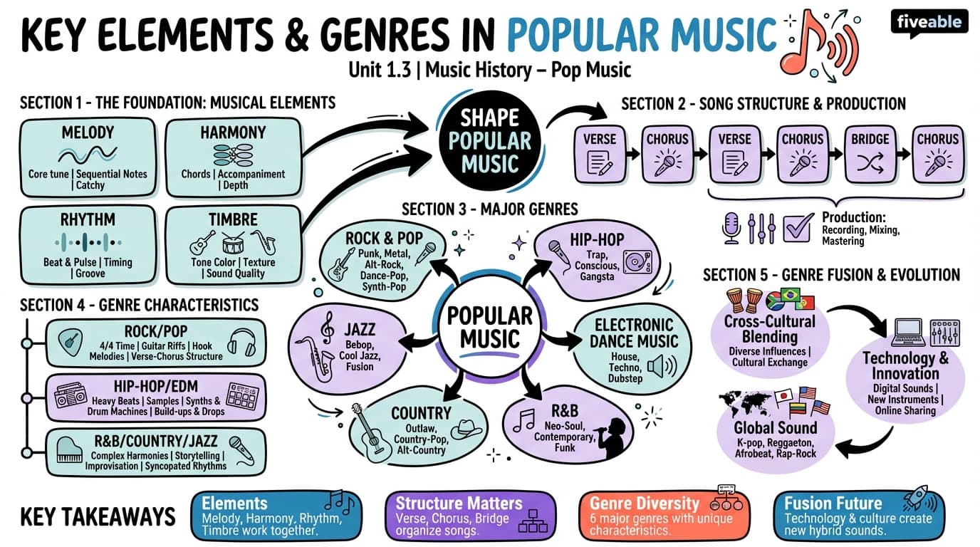 1.3 Key Elements and Genres in Popular Music - Music History – Pop Music - Unit 1 visual cheatsheet
