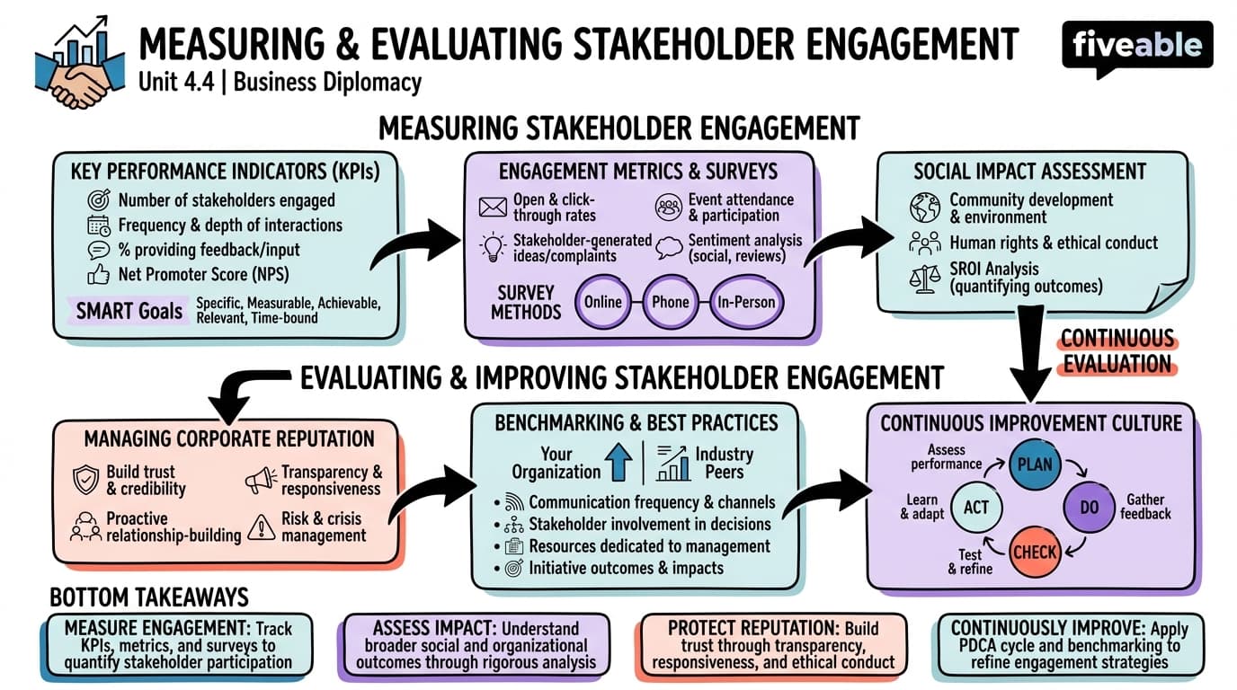4.4 Measuring and Evaluating Stakeholder Engagement - Business Diplomacy - Unit 4 visual cheatsheet