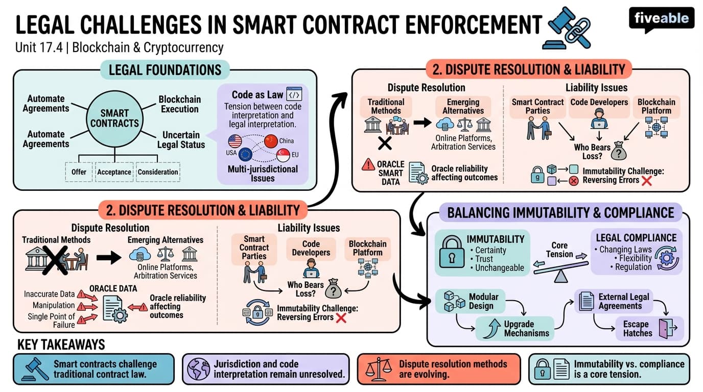 17.4 Legal Challenges in Smart Contract Enforcement - Blockchain and Cryptocurrency - Unit 17 visual cheatsheet